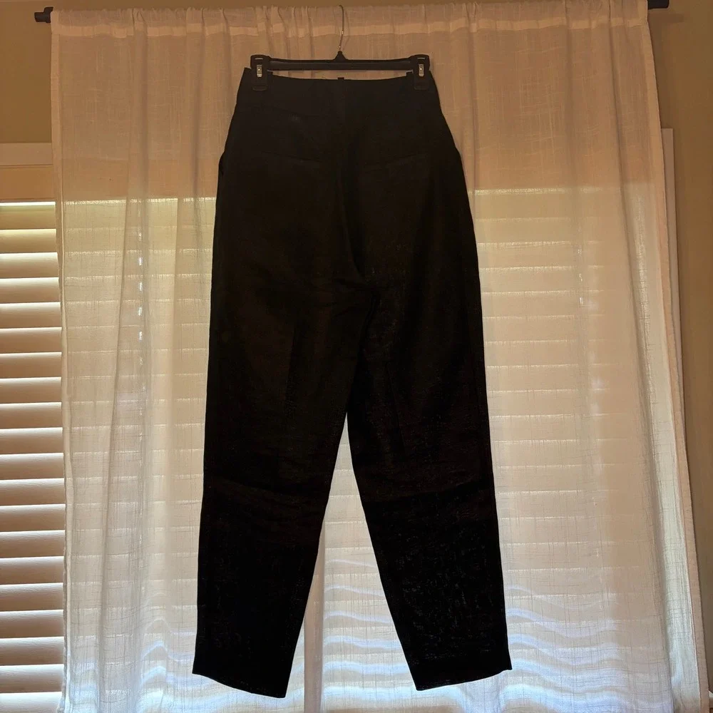 Zara Linen Pants Womens Small Black High Waisted Belted Tapered Trousers Spain